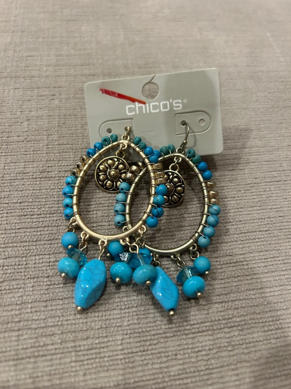 Chico's Bright Turquoise Beaded Hoop Earrings with Gold Accents